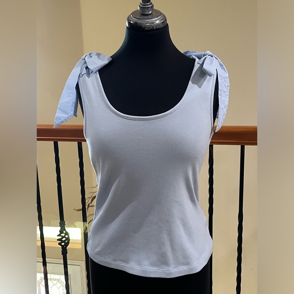 French Connection Light Blue Ribbed Tank Top with SHOULDER TIES: SIZE L
